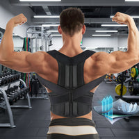 Man wearing a black posture corrector with a close-up of the material on a white background