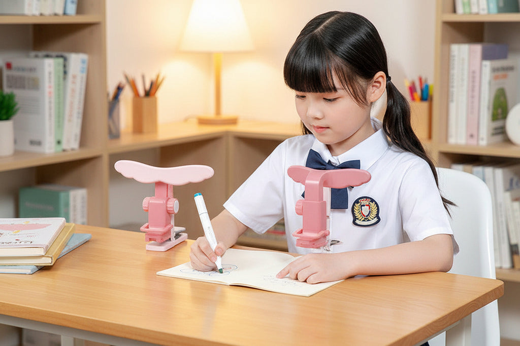 Child using a pink desk support with a whiteboard marker, sitting at a desk.