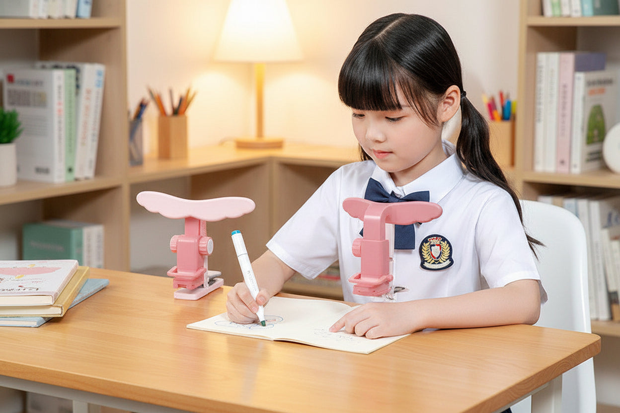 Child using a pink desk support with a whiteboard marker, sitting at a desk.