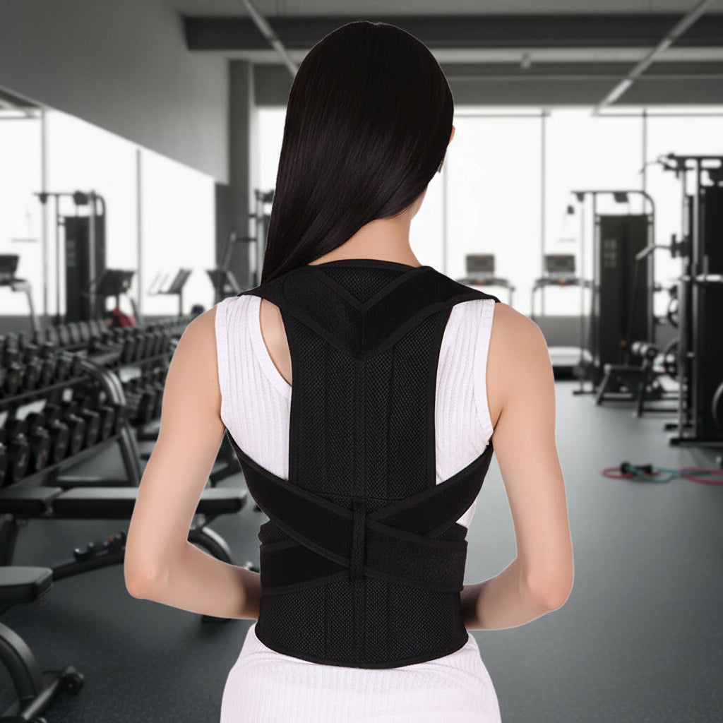 Person wearing a black posture corrector on a white background