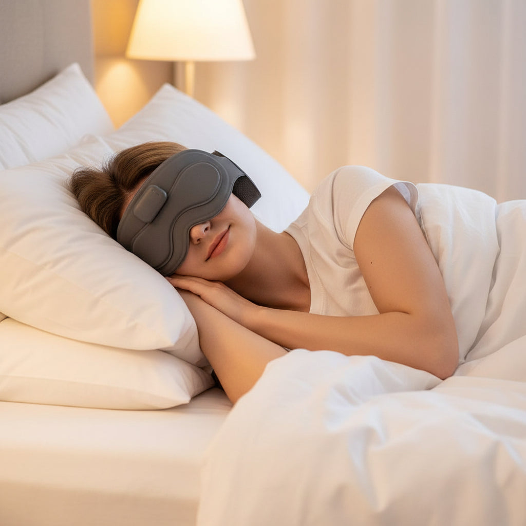 Person using an AI intelligent sleep instrument with features highlighted on a blurred indoor background