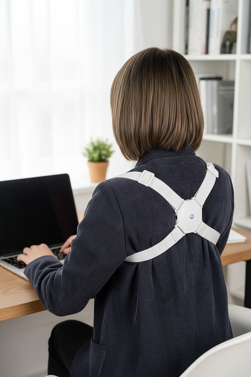 Person wearing a white posture corrector on a blurred background