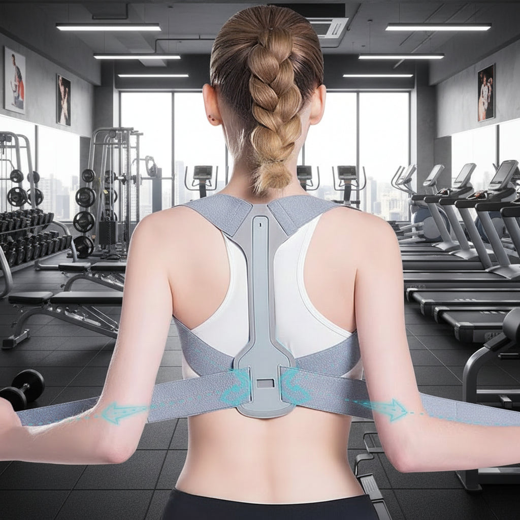 Person wearing a gray posture corrector with a blurred indoor background