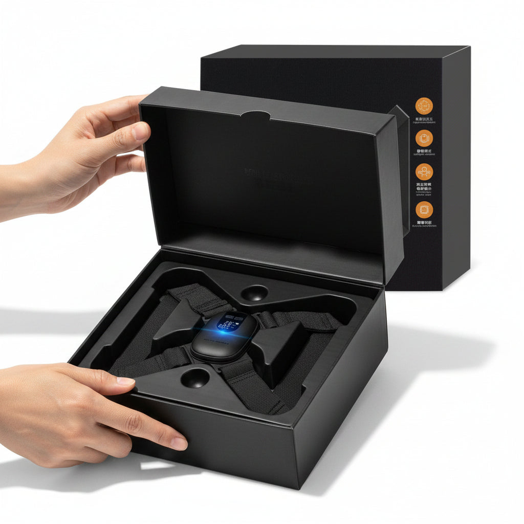Black posture correction device with packaging on a white background