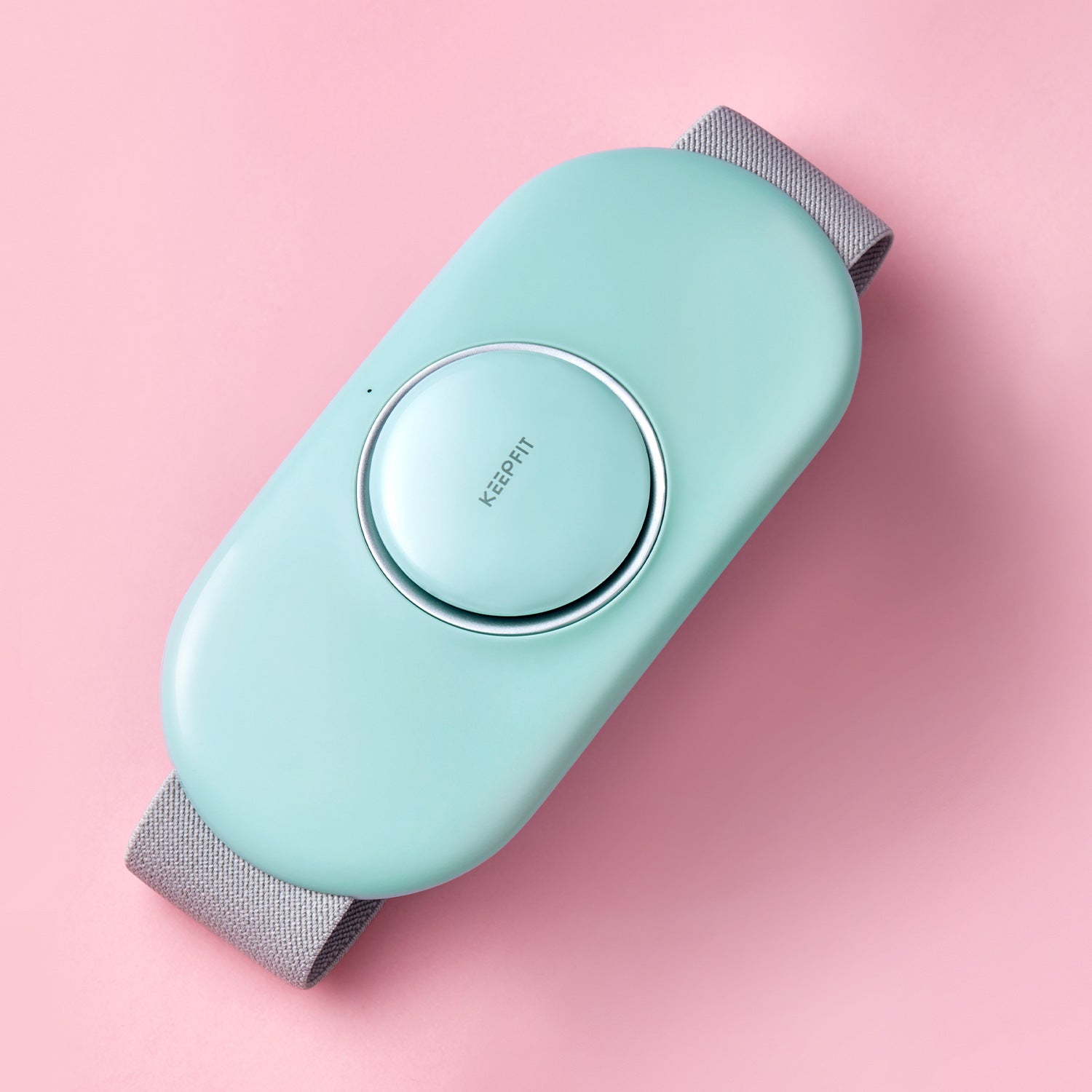 Light blue handheld device with a brand logo on a pink background