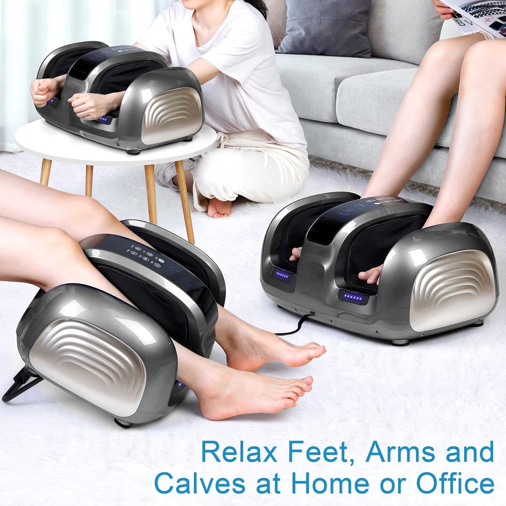 People using foot massagers in a home setting with text 'Relax Feet, Arms and Calves at Home or Office'.