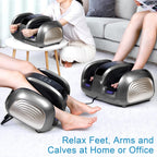 People using foot massagers in a home setting with text 'Relax Feet, Arms and Calves at Home or Office'.