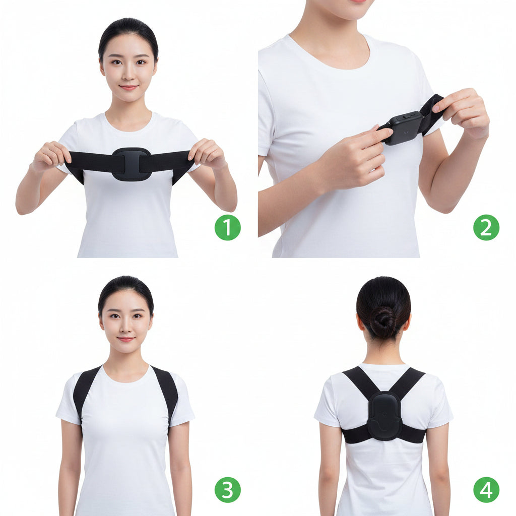 Collage of a woman wearing a black posture corrector in different positions.