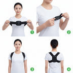Collage of a woman wearing a black posture corrector in different positions.