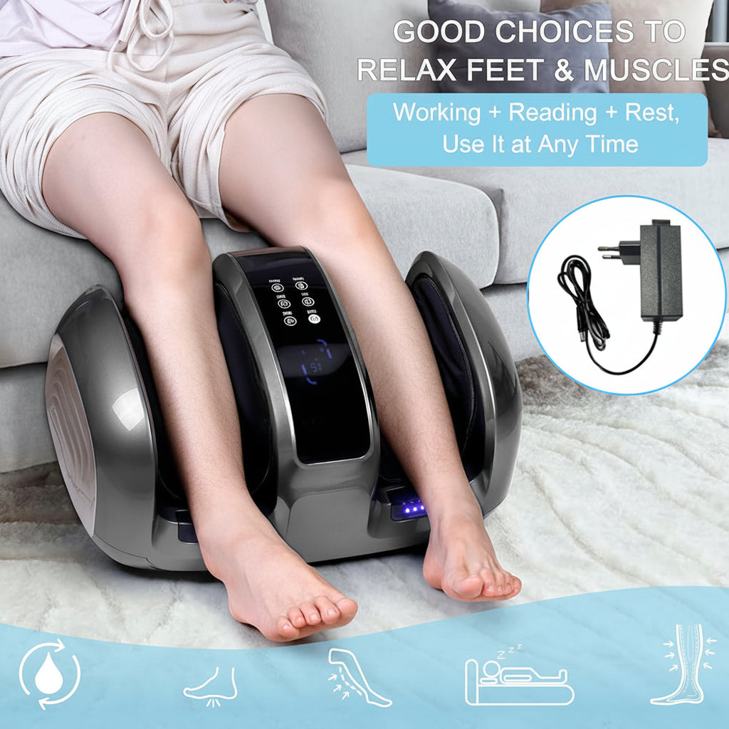Person using a foot massage machine with text on relaxing feet and muscles.