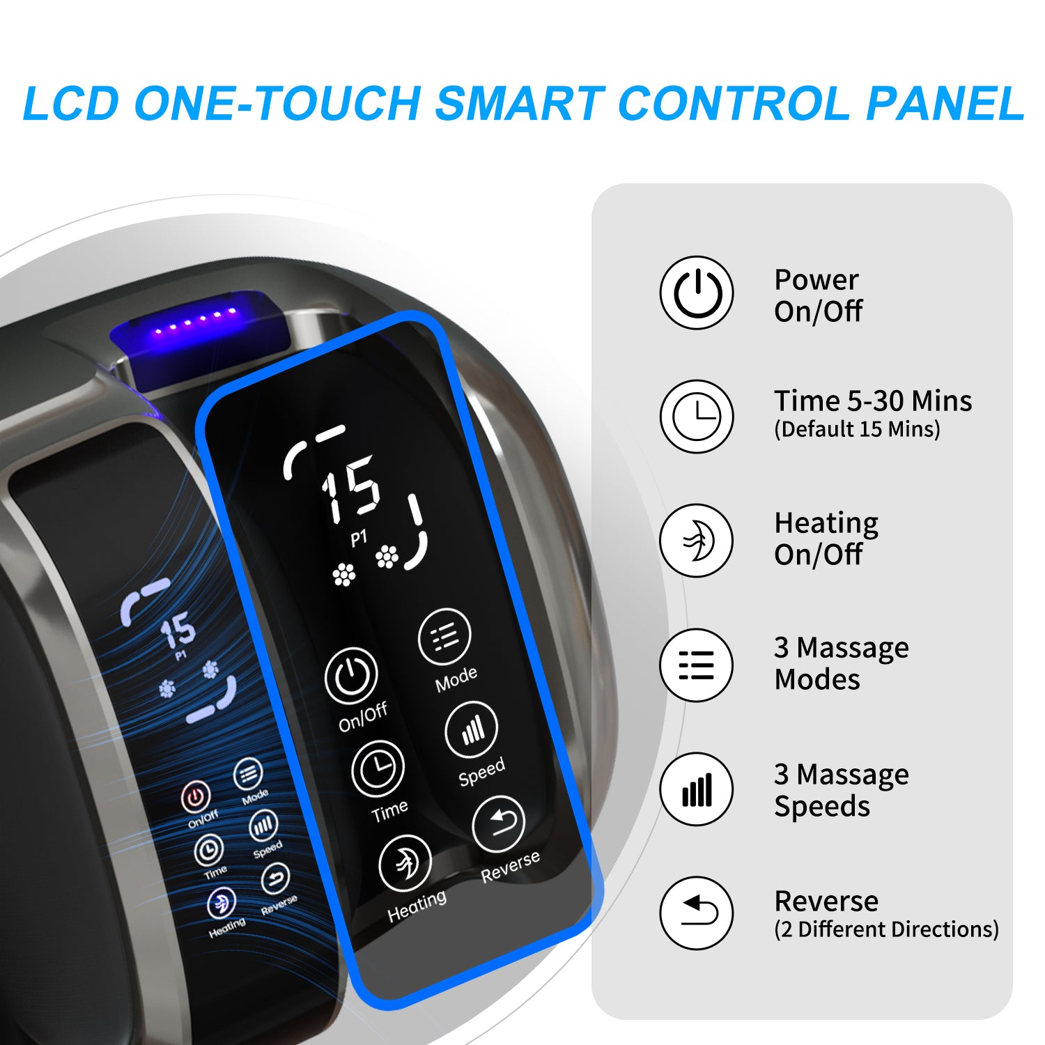 LCD one-touch smart control panel with digital display and text on a white background