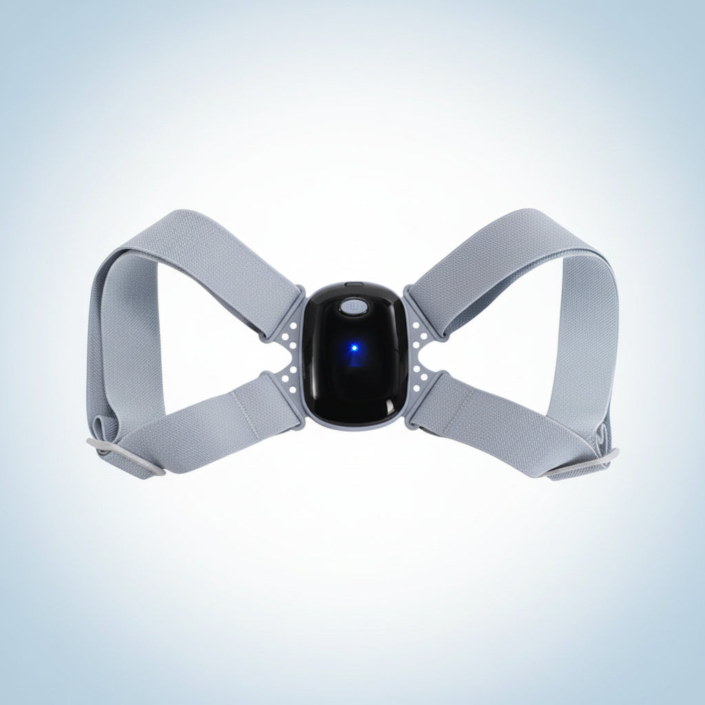 Gray chest strap with a digital display on a white platform against a light blue background