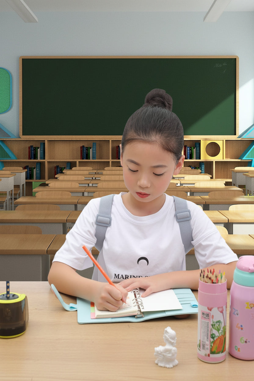 Girl sitting at a desk in a classroom with books and stationery around