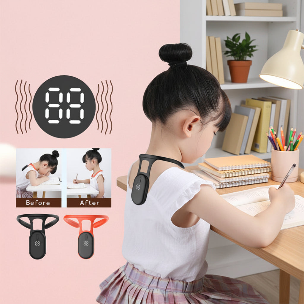 Child wearing a back device with digital display, showing 'Before' and 'After' comparisons on a pink background.