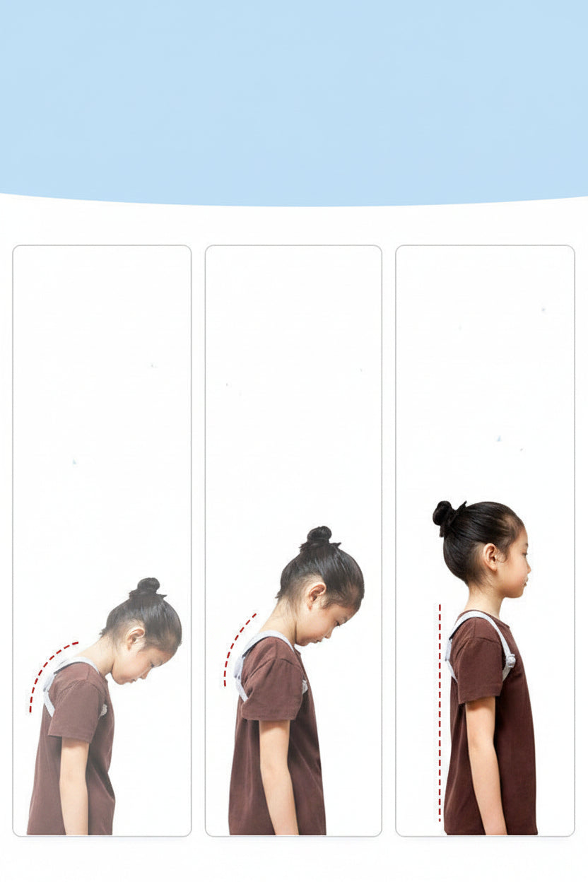 Three side-by-side images of a child with corrected posture on a white background.