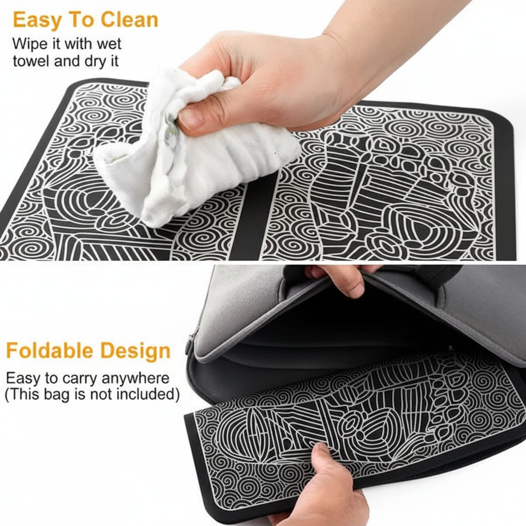 Black and white patterned bag with a hand wiping it and another hand folding it.