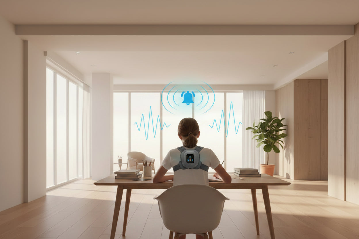 Person wearing a back brace at a desk with a bell icon above, indicating alerts or notifications.