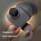 Gray massage device being adjusted on a person's leg with visible fit and easier adjustment text.