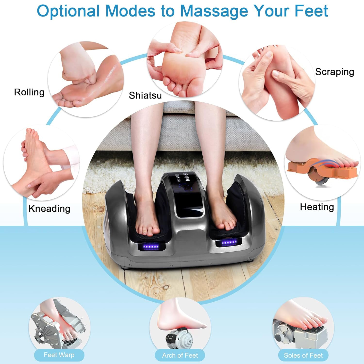 Foot massage machine with various massage modes on a light blue background