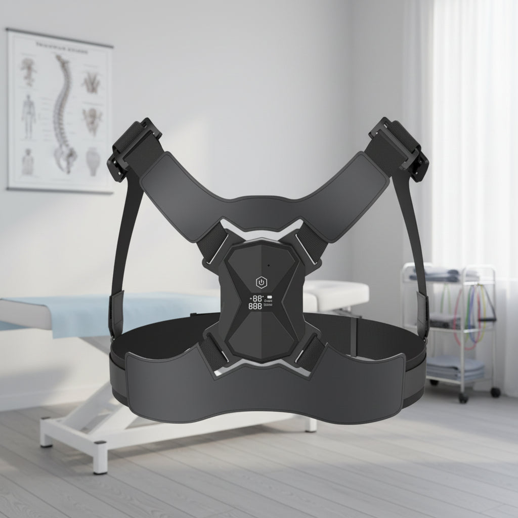 Black chest harness on a light gray background