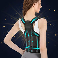 Person wearing a black posture corrector with blue accents on a white background