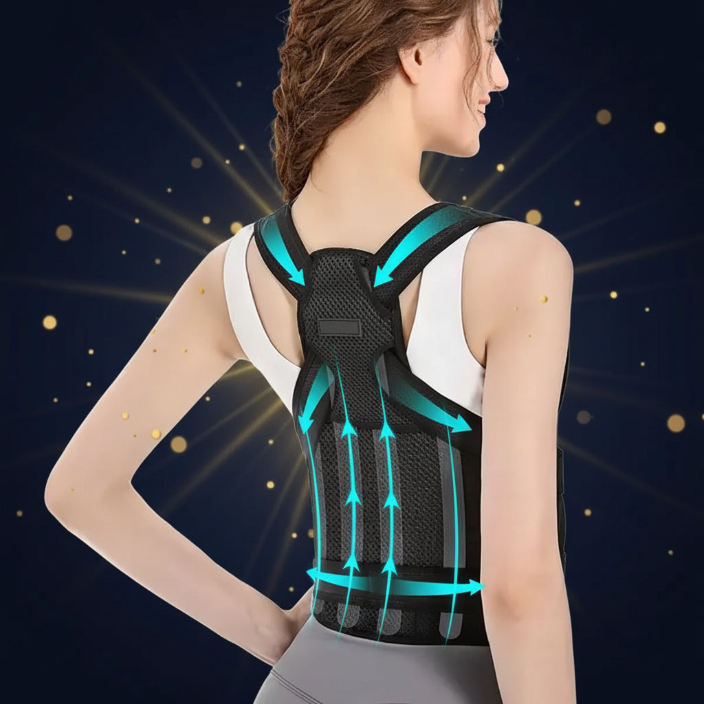 Person wearing a black posture corrector with blue accents on a white background