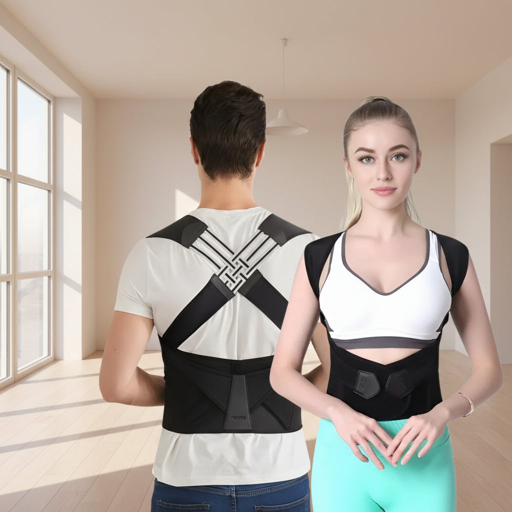 Person wearing a black posture corrector with promotional text about back pain relief.