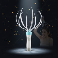 Electric head massager with a woman using it on a white background
