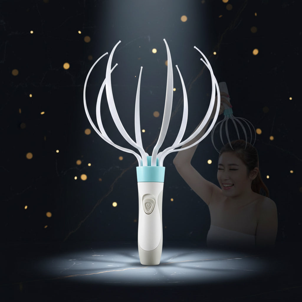 Electric head massager with a woman using it on a white background