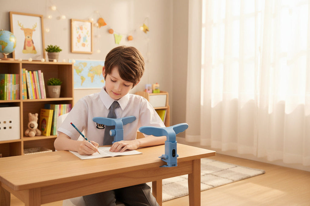 Child using a blue writing aid device at a desk.