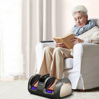 Person using a foot massager with text indicating its benefits for relaxation, sleep, and the elderly.