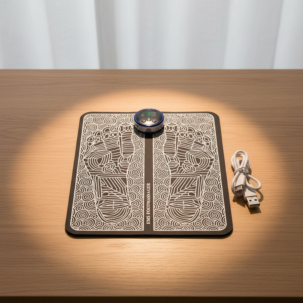 Foot massage mat with black and white design and USB cable on a white background