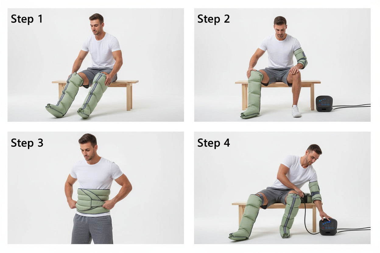 Green inflatable leg wraps with dimensions on a white background