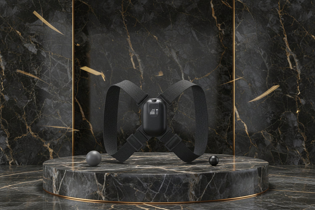 Black chest strap device with digital display on a purple platform and background