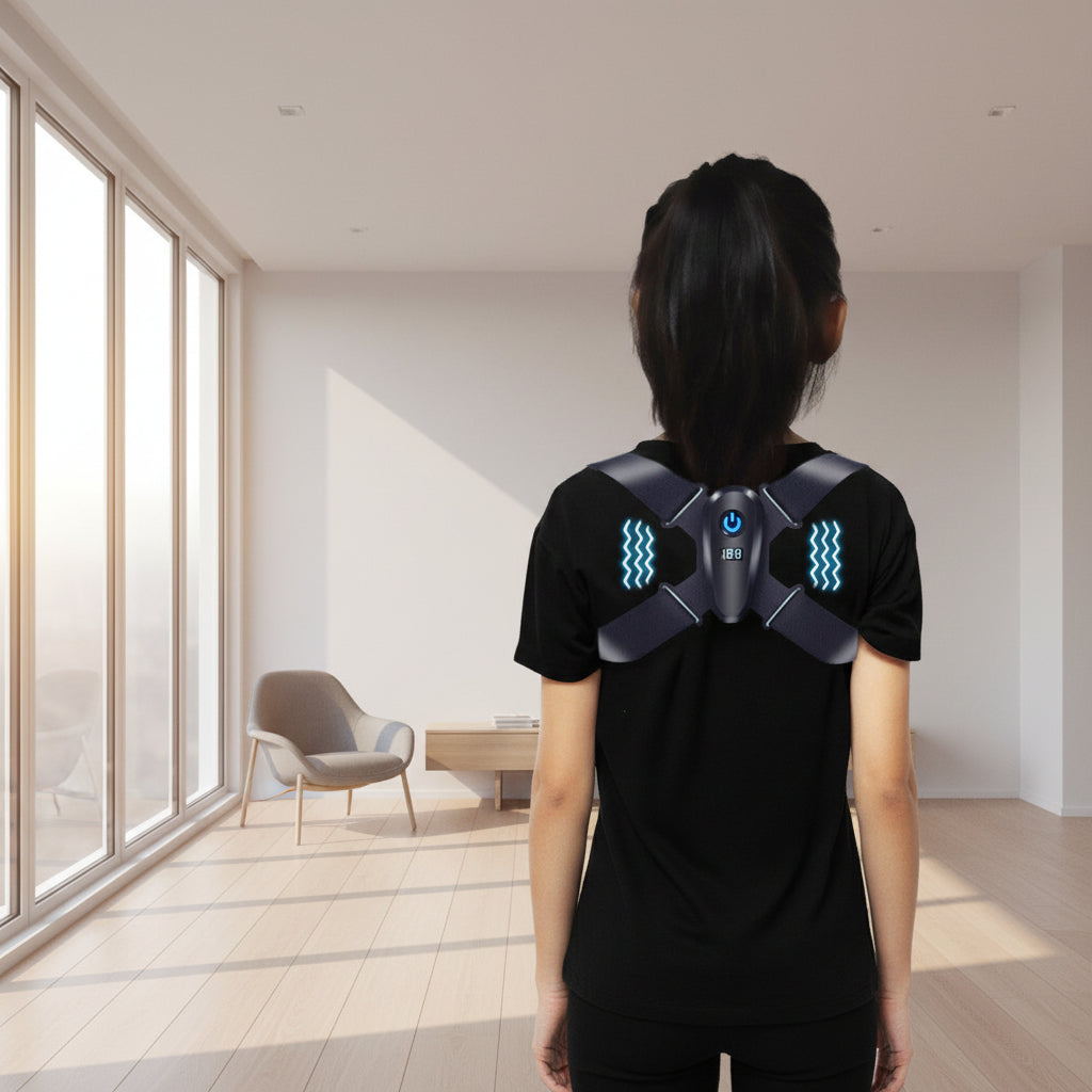Person wearing a back massager with digital display on a light blue background
