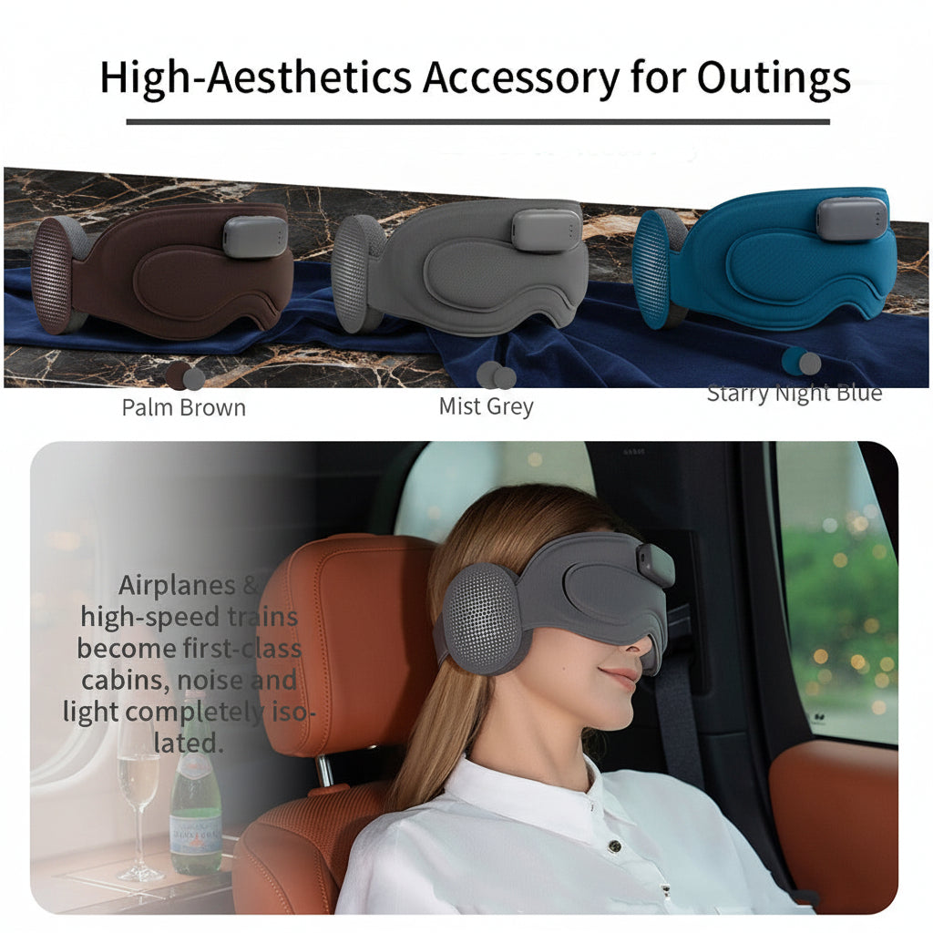 Eye mask with color options and a person using it in a vehicle.