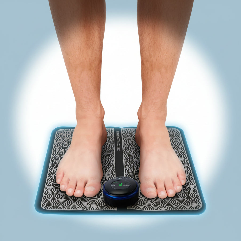 Person using a vibration mat with digital display on a tiled floor