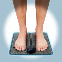Person using a vibration mat with digital display on a tiled floor