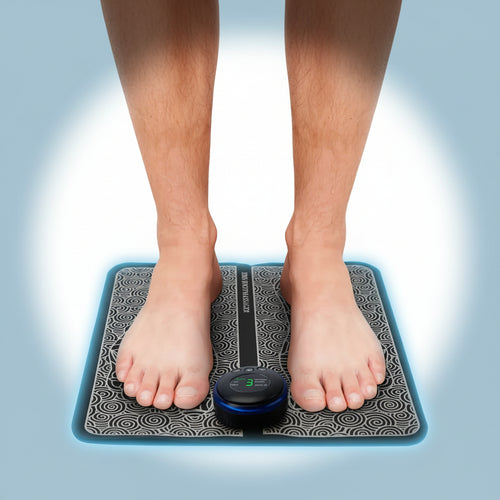 Person using a vibration mat with digital display on a tiled floor