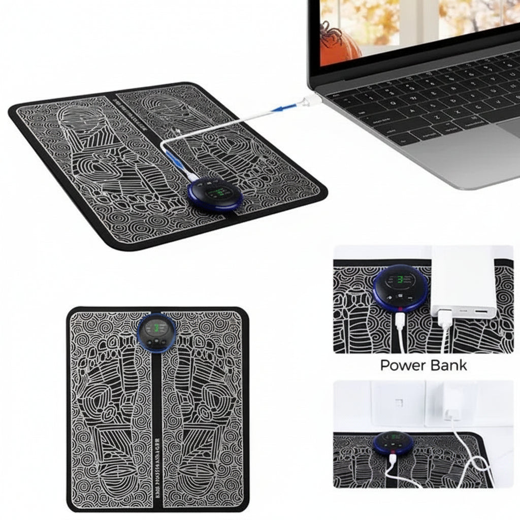 Black charging mat with USB ports, power bank, and phone charger attachments, displayed with a laptop.